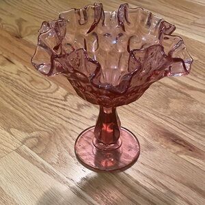 Fenton pink Glass candy dish with Ruffled Edge